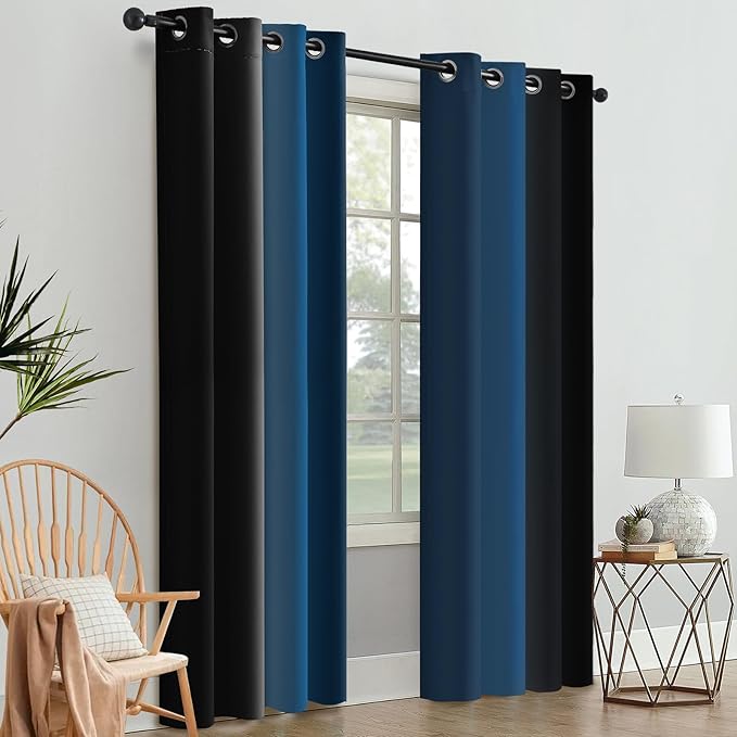 SimpleHome Ombre Room Darkening Curtains 84 inches Length for Bedroom,Grommet Gradient Light Blocking Blue and Black Gradient Window Curtains for Living Room,2 Panels, 52x84 inches