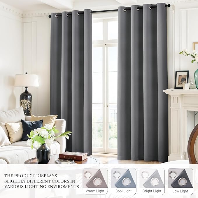 Yakamok Grey Room Darkening 100% Blackout Curtains Grommet Window Treatments with 2 Thick Layers-Gray Thermal Insulated Drapes Set of 2 Panels for Bedroom Living Room 52 Inches by 63 Inches Length