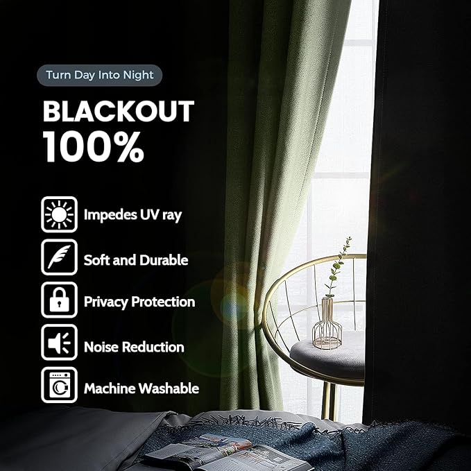 SimpleHome 100% Blackout Curtains for Bedroom,Thermal Insulated Sage Grommet Window Drapes Room Darkening Curtains for Living Room with Black Back,42 x 54 Inch,2 Panels