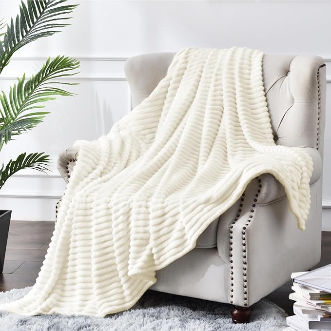 BEDELITE Fleece Blanket Twin Size – 3D Ribbed Jacquard Soft and Warm Decorative Fuzzy Blankets – Cozy, Fluffy, Plush Lightweight Throw Blankets for Couch, Bed, Sofa(Cream, 60x80 inches)