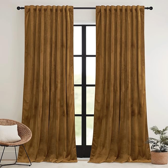 RYB HOME Gold Brown Velvet Curtains 72 inches with Hook Belt, Soft Fabric Room Darkening Thermal Insulated Luxurious Home Decor Curtains for Living Room Bedroom, W 42" x L 72", 2 Panels Set
