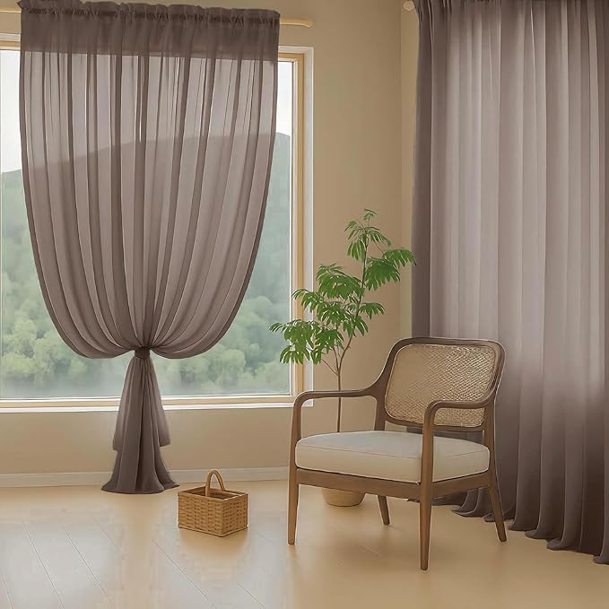 Chocolate Sheer Curtains 63 Inch Length 2 Panels, Voile Sheer Curtain for Living Room, Breathable Light Filtering Modern Window Treatments, Soft Fabric Dual Rod Pocket Drapes, 2x42Wx63L Inches