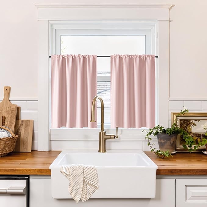 RYB HOME 100% Blackout Basement Curtains 24 inches Long, Heat & UV Blocking Total Room Darkening Noise Reducing Curtains for Bathroom RV Campers, Baby Pink, 2 Panels Set