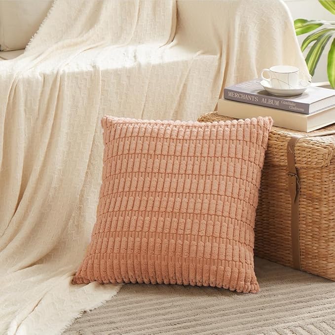 Fancy Homi 4 Packs Peach Decorative Throw Pillow Covers 26x26 Inch for Living Room Couch Bed, Rustic Modern Farmhouse Boho Home Decor, Soft Plush Corduroy Cute Square Accent Cushion Case 66x66 cm