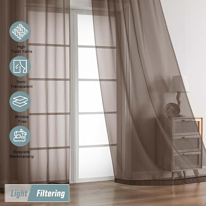Chocolate Sheer Curtains 63 Inch Length 2 Panels, Voile Sheer Curtain for Living Room, Breathable Light Filtering Modern Window Treatments, Soft Fabric Dual Rod Pocket Drapes, 2x42Wx63L Inches