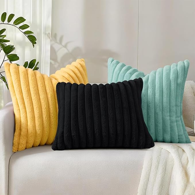 decorUhome Summer Cozy Faux Fur Throw Pillow Covers 18x18 Set of 2 Decorative Soft Plush Striped Modern Farmhouse Boho Couch Pillow Cases with Velvet Back for Sofa Bed Living Room, Aqua