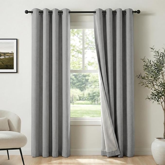 100% Blackout Shield Linen Blackout Curtains for Bedroom, Grey Grommet Curtains for Living Room, Thermal Insulated Room Darkening Drapes for Nursery, Boho Home Decor, 50" W x 90" L, 2 Panels
