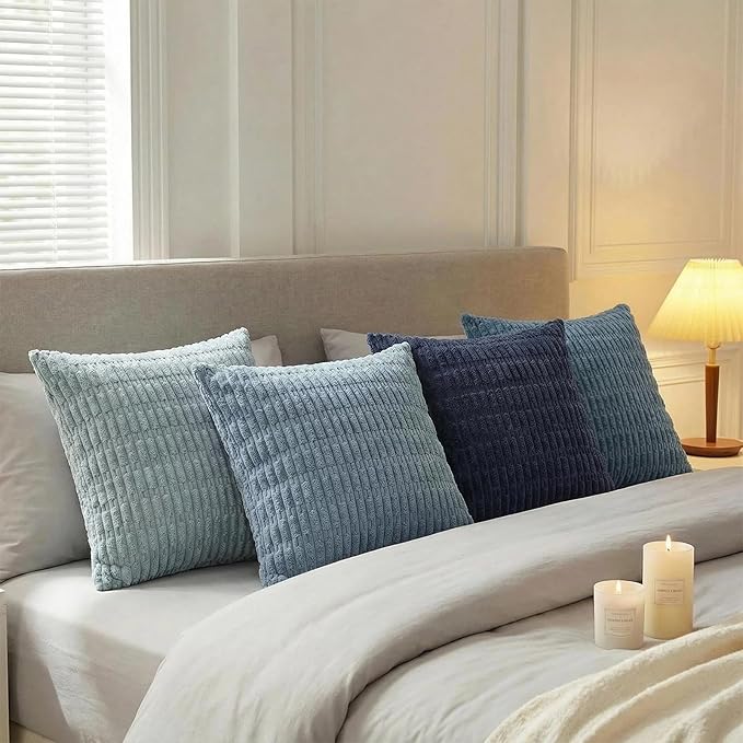 Fancy Homi Set of 4 Blue Boho Decorative Throw Pillow Covers 24x24 Inch for Couch Bed Sofa, Aesthetic Modern Bohemian Room Decor, Soft Fuzzy Fluffy Cozy Corduroy Coastal Blue Cushion Case 60x60cm