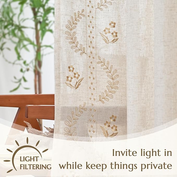 jinchan Belrose Linen Curtains for Bedroom Floral Curtains 63 Inch Length Linen Blend Beige Embroidered Drapes Farmhouse Flower Patterned Drapes for Living Room Window Treatments Set 2 Panels