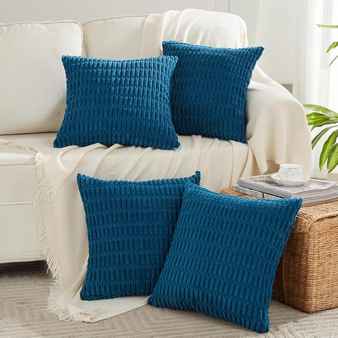Fancy Homi 4 Packs Teal Decorative Throw Pillow Covers 18x18 Inch for Living Room Couch Bed Sofa, Rustic Farmhouse Boho Home Decor, Soft Striped Corduroy Square Cushion Case 45x45 cm