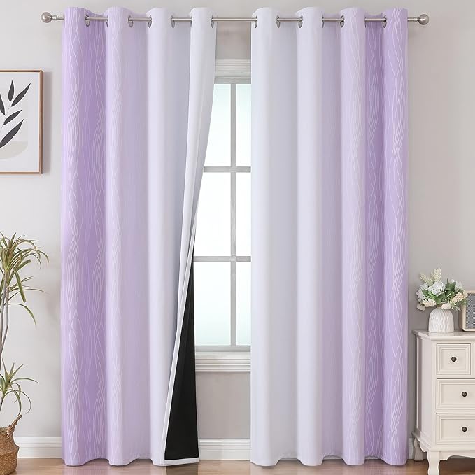 Estelar Textiler Lilac and Greyish White Ombre Blackout Curtains 102 Inches Long 2 Panels Set, Thermal Insulated Drapes for Bedroom,Full Light Blocking Grommet Curtains for Living Room,52Wx102L