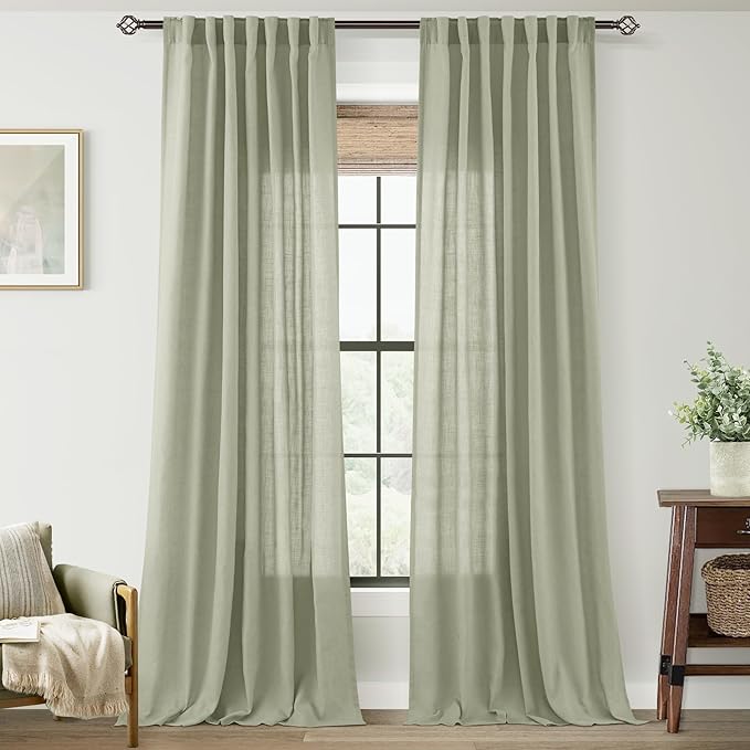 Linen Blend Sage Green Curtains 96 inch Length 2 Panels for Bedroom Back Tab Light Filtering Semi Sheer Drapes Linen Cotton Textured Light Green Airy Modern Farmhouse Living Room Sage Aesthetic Decor