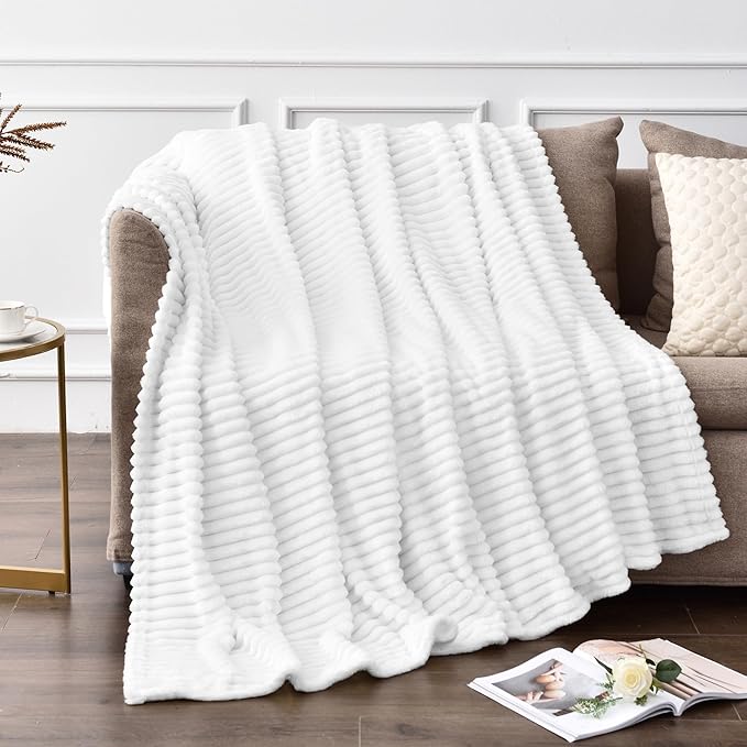BEDELITE Fleece Blanket Twin Size – 3D Ribbed Jacquard Soft and Warm Decorative Fuzzy Blankets – Cozy, Fluffy, Plush Lightweight Throw Blankets for Couch, Bed, Sofa(White, 60x80 inches)