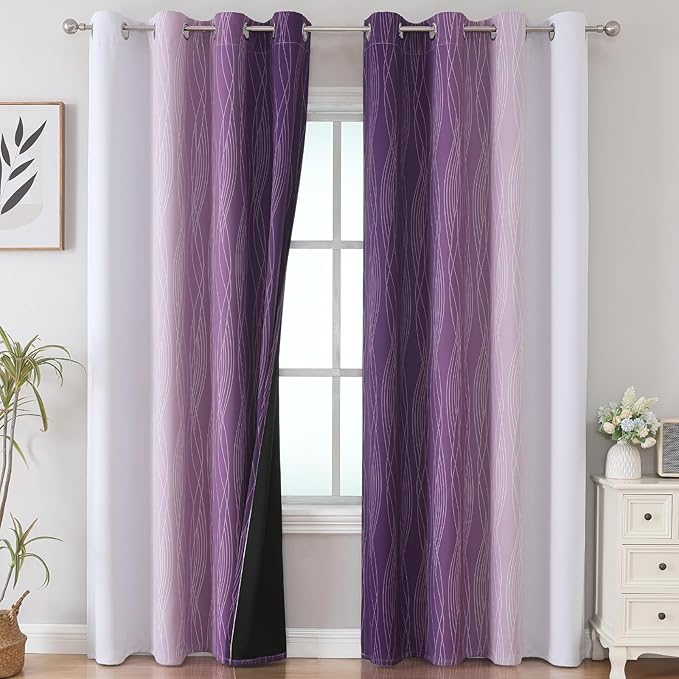 Estelar Textiler Purple and Grayish White Blackout Curtains 108 Inches Long, Thermal Insulated Drapes for Bedroom, Full Light Blocking Energy Saving Long Curtains for Living Room, 52Wx108L, 2 Panels