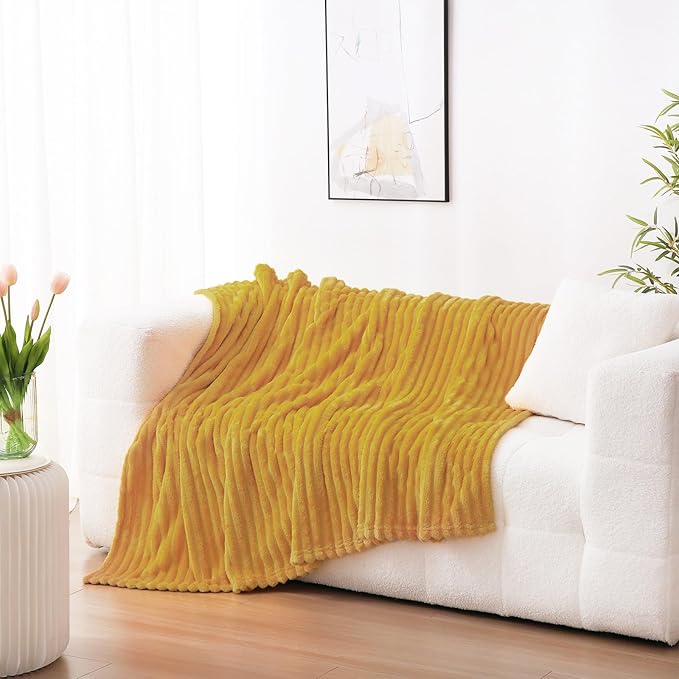 Mustard Yellow Fleece Throw Blanket 50”×60” for Couch Sofa Bed,Super Soft Cozy Plush Microfiber Flannel Blanket with Stripes Design Lightweight for Adults,Woman,Girls