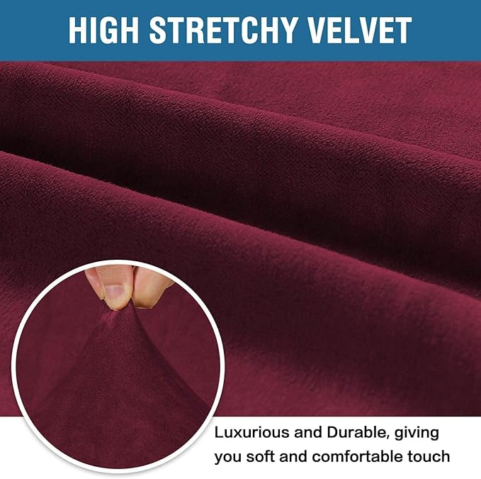 H.VERSAILTEX Stretch Velvet Sofa Covers for 3 Cushion Couch Covers Furniture Protector Soft with Non Slip Elastic Bottom, Crafted from Thick Comfy Rich Velour (Large Sofa 90"-97", Burgundy)