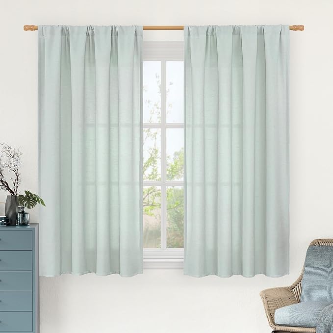 LAMIT 54 Inch Short Window Linen Curtains, Soft Faux Linen Light Filtering Panels Rod Pocket Neutral Drapes for Bedroom/Loft Room, Light Blue, 2 Panels, 42 x 54 Inch