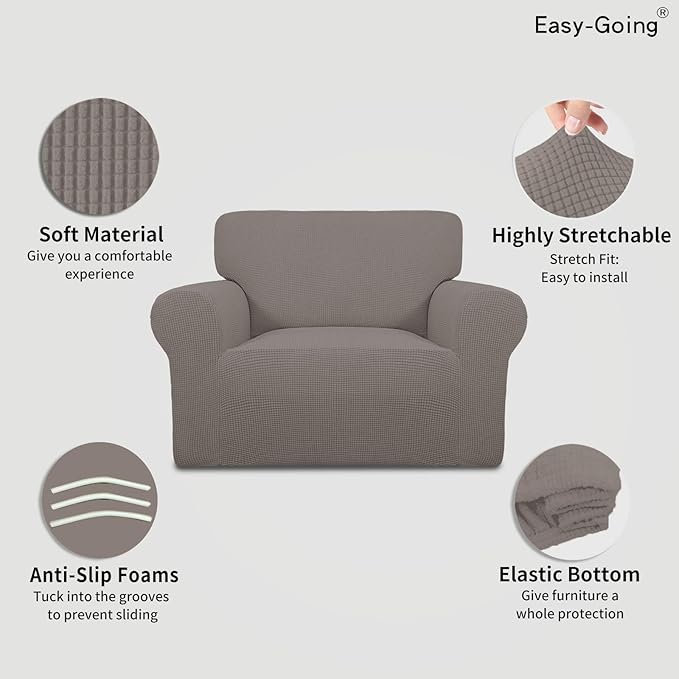 Easy-Going Stretch Oversized Chair Sofa Slipcover 1-Piece Couch Sofa Cover Furniture Protector Soft with Elastic Bottom for Kids Spandex Jacquard Fabric Small Checks Taupe