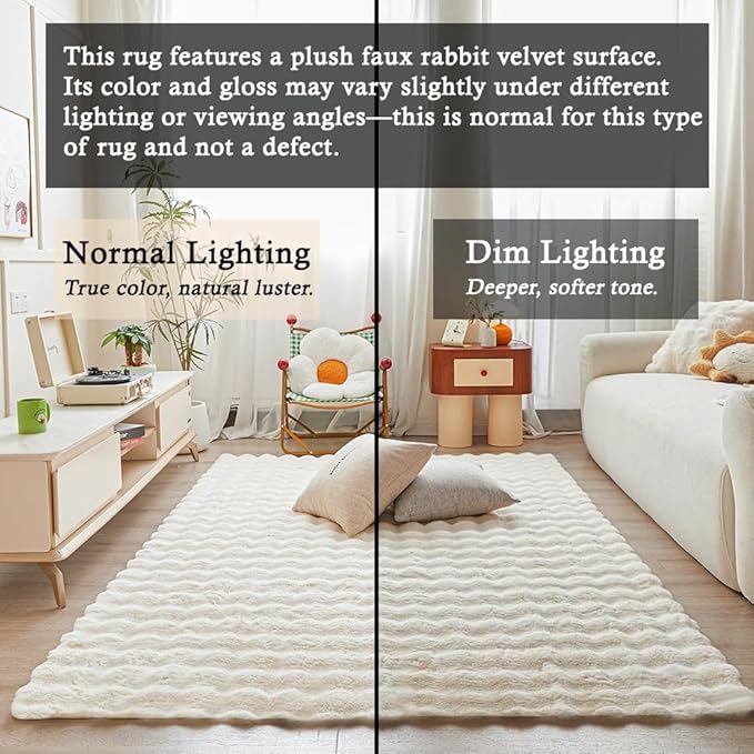 Creamy White Rabbit Plush Rug 5'x8', Fluffy Faux Fur Shaggy Area Rug for Nursery, Kids Room Decor, Soft Fuzzy Carpet for Living Room, Bedroom, Teen Girls Room