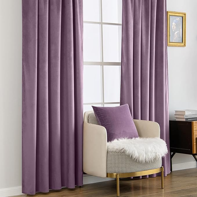 MIULEE Lavender Velvet Curtains 96 inches - Luxury Blackout Curtains for Bedroom Living Room Thermal Insulated Super Soft Window Drapes Rod Pocket & Back Tab, W52 x L96 inches,Purple,2 Panels