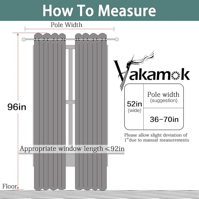 Yakamok 100% Blackout Curtains 96 Inches Long, Total Blackout Lined Curtain Panels for Bedroom, 2 Thick Layers Grommet Top Thermal Insulated Blackout Drapes for Living Room(52Wx96L, Grey, 2 Panels)