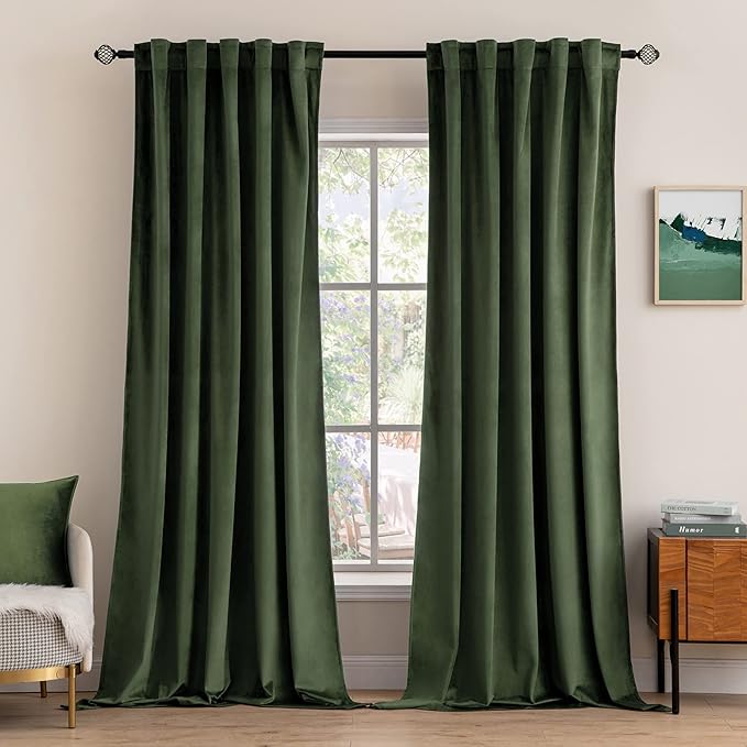 MIULEE Velvet Curtains 63 inch Length 2 Panels - Luxury Blackout Curtains for Bedroom Living Room Thermal Insulated Super Soft Window Drapes Back Tab, Olive Green, W52 x L63 inches