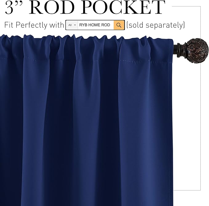 RYB HOME Half Curtain Tiers 36 inch Length, Rod Pocket Summer Heat Blocking Thermal Insulated Short Blackout Curtains for Small Window, Width 34 by Length 36, Marine Blue, 2 Panels