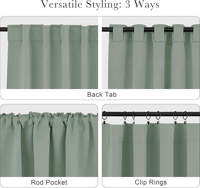 Pony Dance Short Gray Blackout Curtains - Small Window Drapes Thermal Insulated Light Blocking Drapes Back Tab/Rod Pocket Short Curtain Panels for Bedroom & Kitchen, 42 W x 30 L, Sage Green, 1 Pair