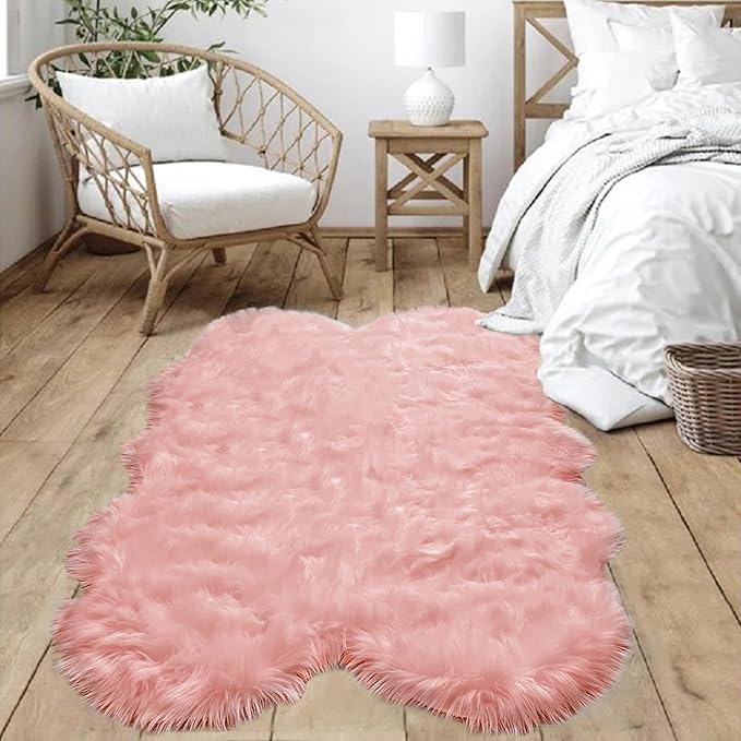 Goolela Pink Faux Sheepskin Fur Rug 4x6 Fluffy Fuzzy Furry Area Rug for Girls Bedroom Dorm Light Pink Shag Carpet for Playroom Washable Sheepskin