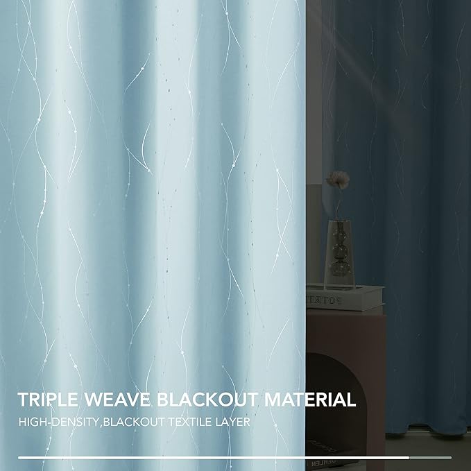 Deconovo Blackout Curtains, Thermal Insulated Soundproof Grommet Drapes, Wave Dot Foil Print, 42 x 108 Inch, Set of 2, Machine Washable Window Panel for Bedroom Living Room Nursery Kitchen, Light Blue