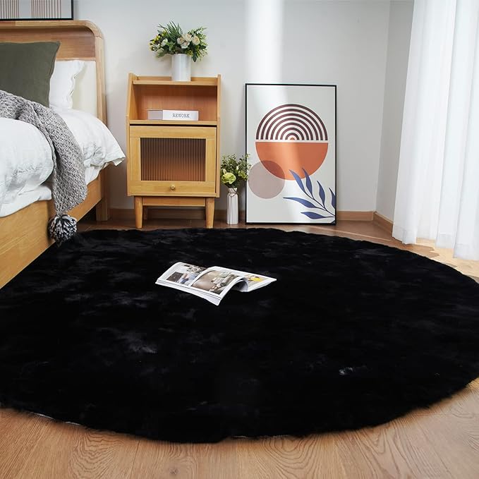 Ghouse Faux Rabbit Fur Round Rug 6ft Black Round Rugs for Bedroom Decor Fluffy Area Rugs for Living Room, no-Shedding Carpet Sheepskin Washable Rug Rome Decor
