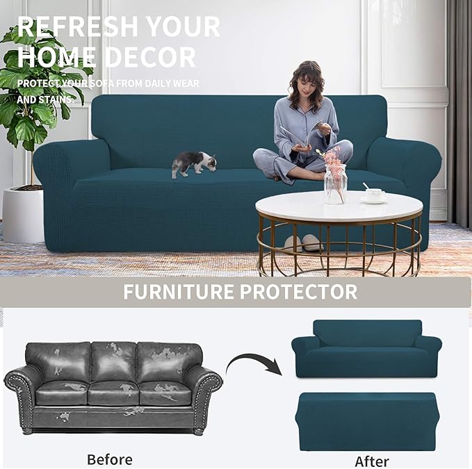 Easy-Going Stretch Loveseat Slipcover 1-Piece Sofa Cover Furniture Protector Couch Soft with Elastic Bottom for Kids Polyester Spandex Jacquard Fabric Small Checks (Loveseat, Deep Teal)