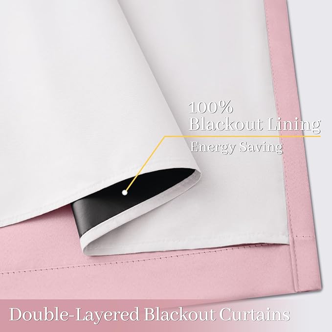 Yakamok 100% Blackout Curtain Panels 63 inches Cold and Light Blocking Drapes for Nursery, 2 Thick Layers Thermal Insulated Draperies (2 Pieces, 40 Wide Each Panel, Pink Front with White Backing)
