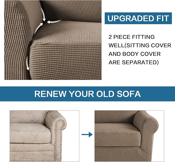 H.VERSAILTEX 2 Piece Couch Cover Stretch Stylish Chair Cover Furniture Protector Featuring Jacquard Textured Twill Fabric High Spandex Slipcover (Chair, Macchiato)