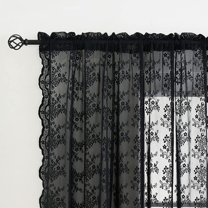 YJ YANJUN Vintage Lace Curtains 54 inch Length Victorian Floral Pattern Goth Halloween Short Black Sheer Curtain Panels for Bathroom Kitchen Window Coffin/Witchy/Gothic Home Decor W52 x L54 Inch