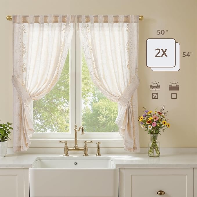 jinchan Belrose Linen Floral Cafe Curtains 54 Inch Length Embroidered Farmhouse Curtains for Kitchen Bedroom Bathroom Small Windows Curtain Set Light Filtering 2 Panels Ivory