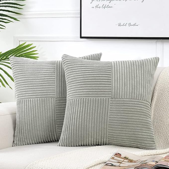 Fancy Homi 2 Packs Grey Samll Decorative Throw Pillow Covers 12x12 Inch with for Living Room Couch Bed, Rustic Farmhouse Boho Home Decor, Soft Corss Patchwork Corduroy Square Cushion Case 30x30 cm