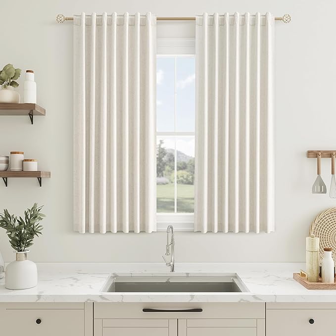 Guken Cream 100% Blackout Curtains 45 Inch Length 2 Panels Set for Living Room Bedroom Back Tab Black Out Linen Drapes Room Darkening Window Curtains 52x45