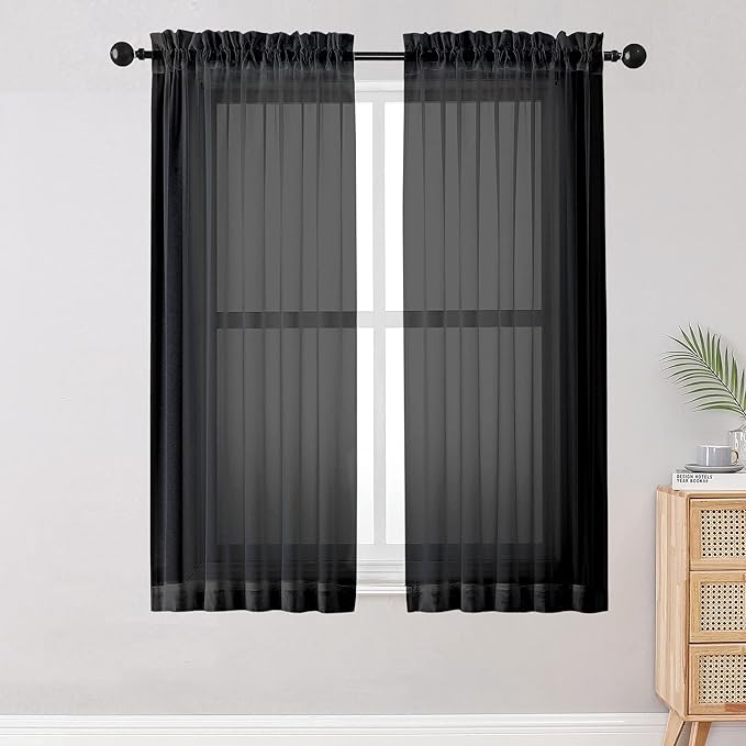 OWENIE Sheer Curtains Living Room 54 inches Long, Rod Pocket Curtain Sheers Bedroom, Light Filtering Voile Panels Drapes Small Window Treatments 2 Panels, 42" W x 54" L, Black