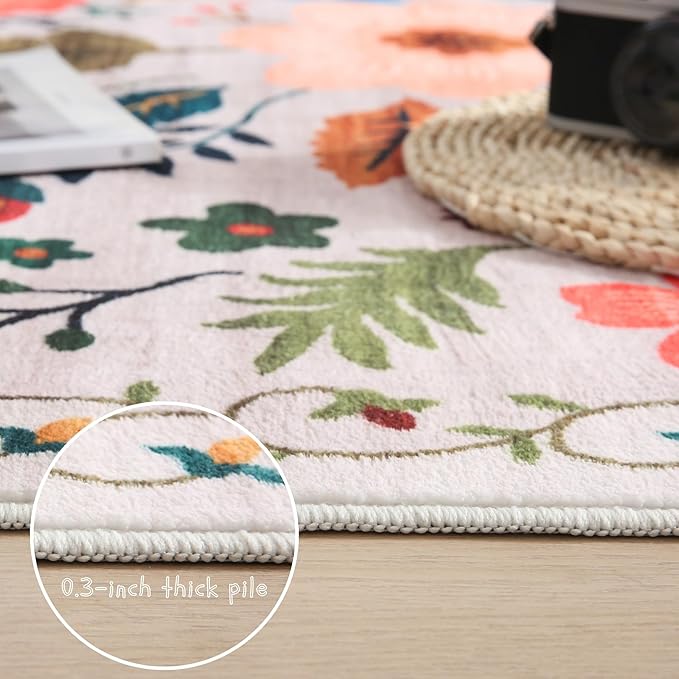 Rugcomf Living Room Rug 6x9 Rug Machine Washable Boho Area Rug Non Slip Floral Vintage Low Pile Large Rug for Living Room, Bedroom, Farmhouse, Dining Room, Kids Playroom(Beige)