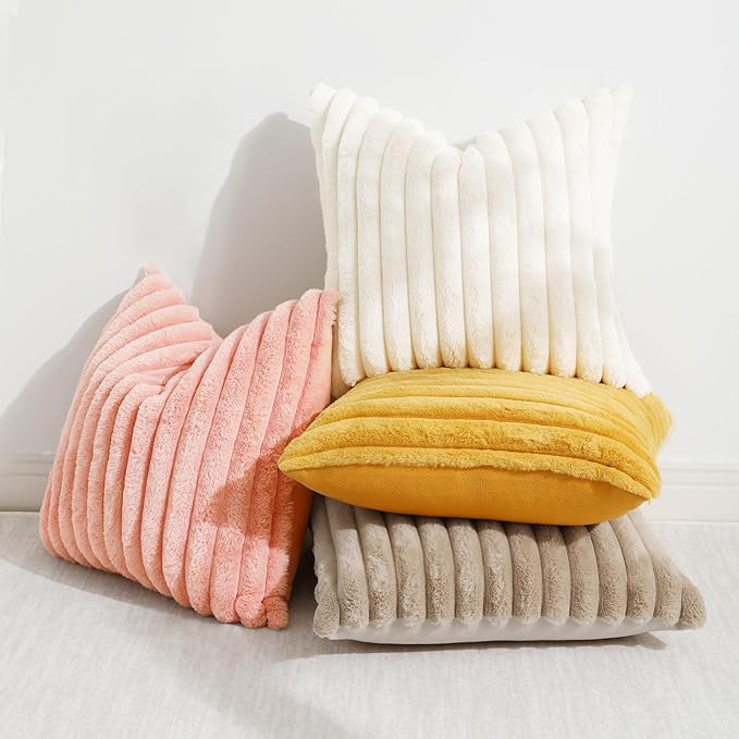 decorUhome Summer Cozy Faux Fur Throw Pillow Covers 22x22 Set of 2 Decorative Plush Striped Modern Farmhouse Boho Couch Euro Sham Pillow Cases with Velvet Back for Sofa Bed Living Room, Blush Pink