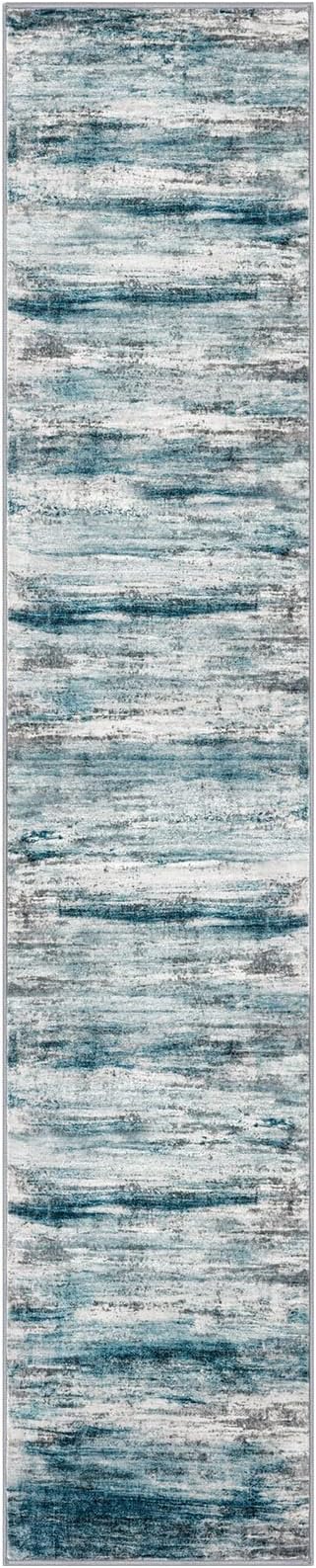 KOZYFLY Modern Abstract Kitchen Runner Rug, 2x10 Washable Rug Runner Non-Slip Soft Striped Hallway Runner Rugs, Light Blue Print Carpet Runner for Entryway Bathroom Laundry Room Foyer