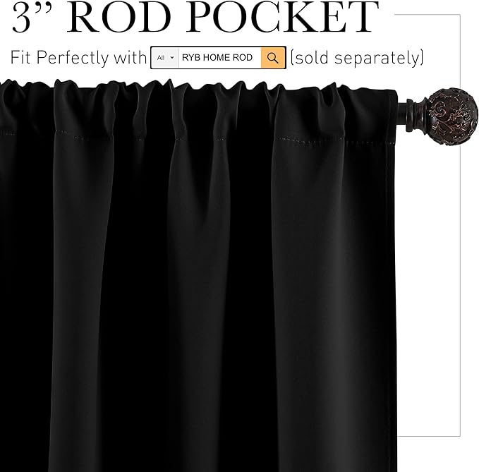 RYB HOME Basement Bathroom Kitchen Cafe Blackout Privacy Curtains, Short Insulating Light UV Heat Blocking Privacy Curtain Tiers for Laundry Room, Width 34 by Length 30, Black, 2 Panels