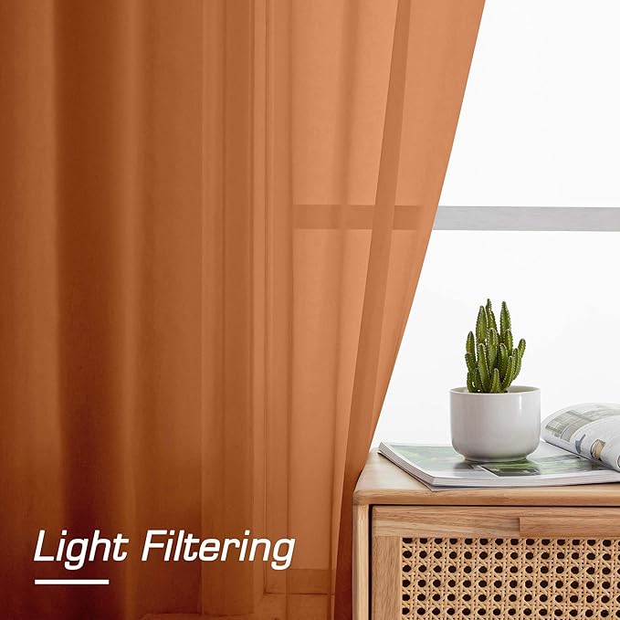OWENIE Sheer Curtains 54 inches Long for Living Room Bedroom, Rod Pocket Light Filtering Voile Sheers Panels Drapes Small Window Treatments 2 Panels, 42" W x 54" L, Orange