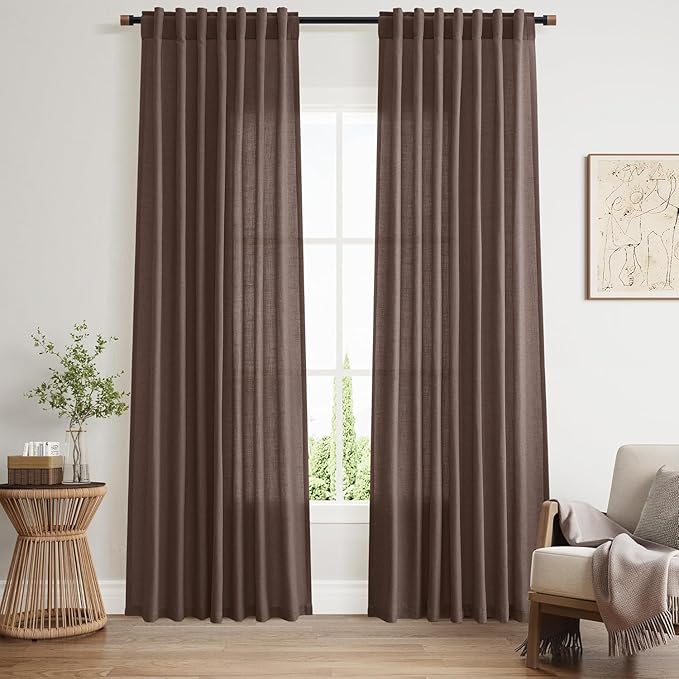 Cappuccino Linen Curtains 80 Inch Length for Living Room Light Filtering Semi Sheer Curtain Back Tab Rod Pocket Luxury Modern Rustic Home Decor Neutral Drapes for Bedroom Dinner Room 52x80, 2 Panels