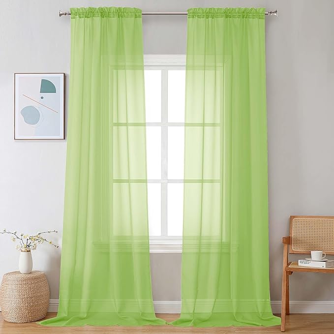 Chyhomenyc Sheer Curtains 108 Inch Length 2 Panels Set, Extra Long Light Filtering Solid Voile Window Drapes for Living Room Bedroom, 42Wx108L, 9FT Length, Set of 2, Lime
