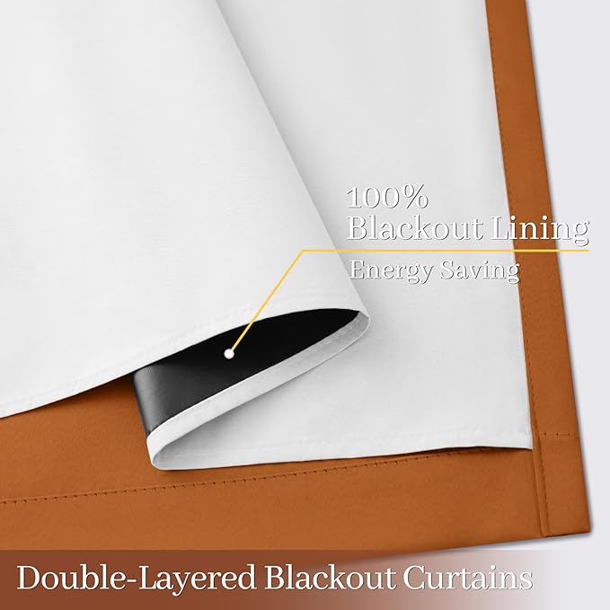 Yakamok 100% Blackout Curtain Panels 84 inches Cold and Light Blocking Drapes for Nursery, 2 Thick Layers Thermal Insulated Draperies (2 Pieces, 50 Wide Each Panel, Burnt Orange/White Backing)