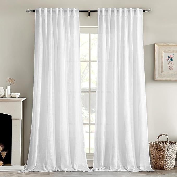 MIULEE White Linen Curtains 94 Inch Long 2 Panels for Bedroom Living Room, Soft Thick Linen Textured Back Tab Window Drapes Semi Sheer Light Filtering Rod Pocket Modern Farmhouse Decor