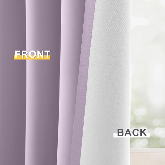 Yakamok 100% Blackout Curtain Panels 84 inches Cold and Light Blocking Drapes for Nursery, 2 Thick Layers Thermal Insulated Draperies (2 Pieces, 40 Wide Each Panel, Lilac Front with White Backing)