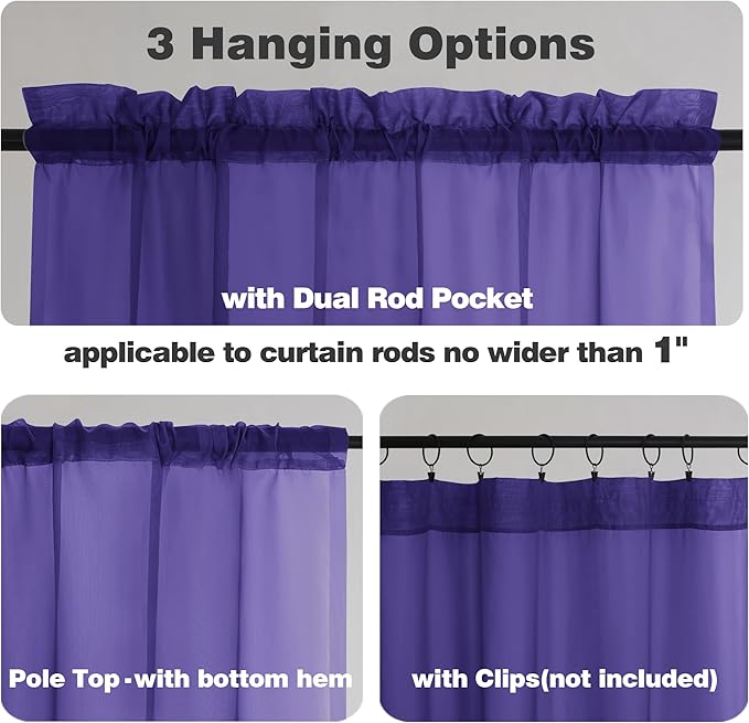 Chyhomenyc Purple Sheer Curtains 54 Inch Long 2 Panels, Light Filtering Rod Pocket Voile Short Curtains Drapes for Living Room Bedroom Small Windows, 42Wx54L Inches